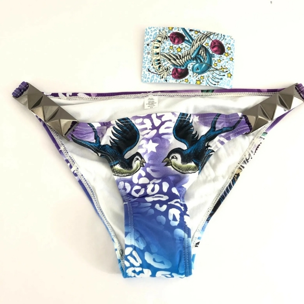 Sinful by Affliction Bikini Bottom Studded Birds Leopard Rhinestone Blue Size XS